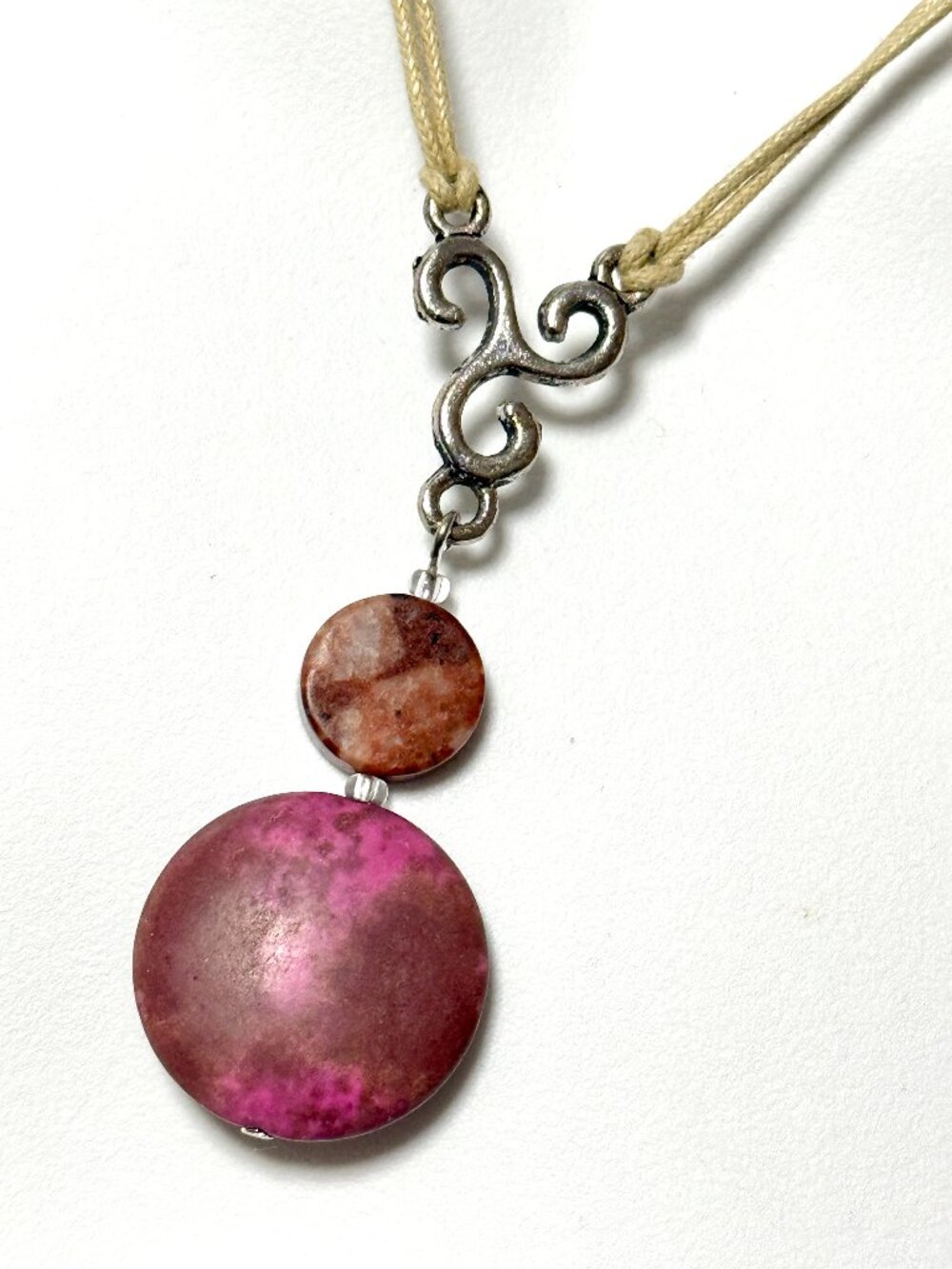 2/$20, Viva Magenta Agate Short Necklace, Gemstone & Beige Cord Necklace